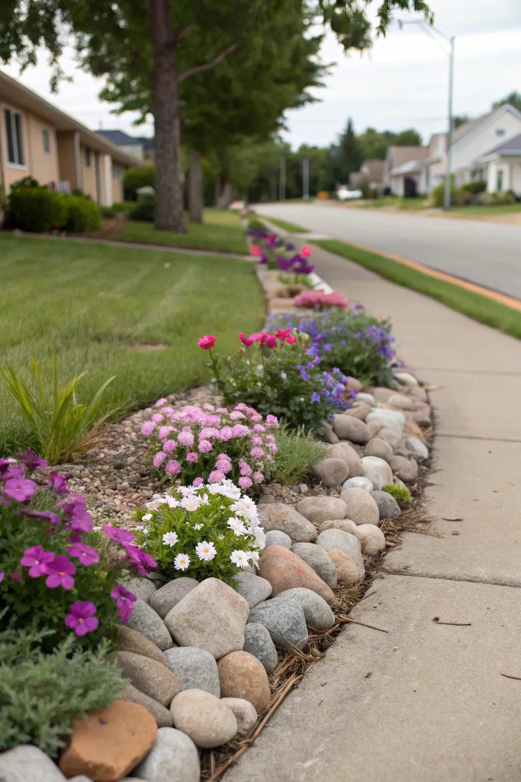 A charming small flower bed creatively integrated into a walkway.