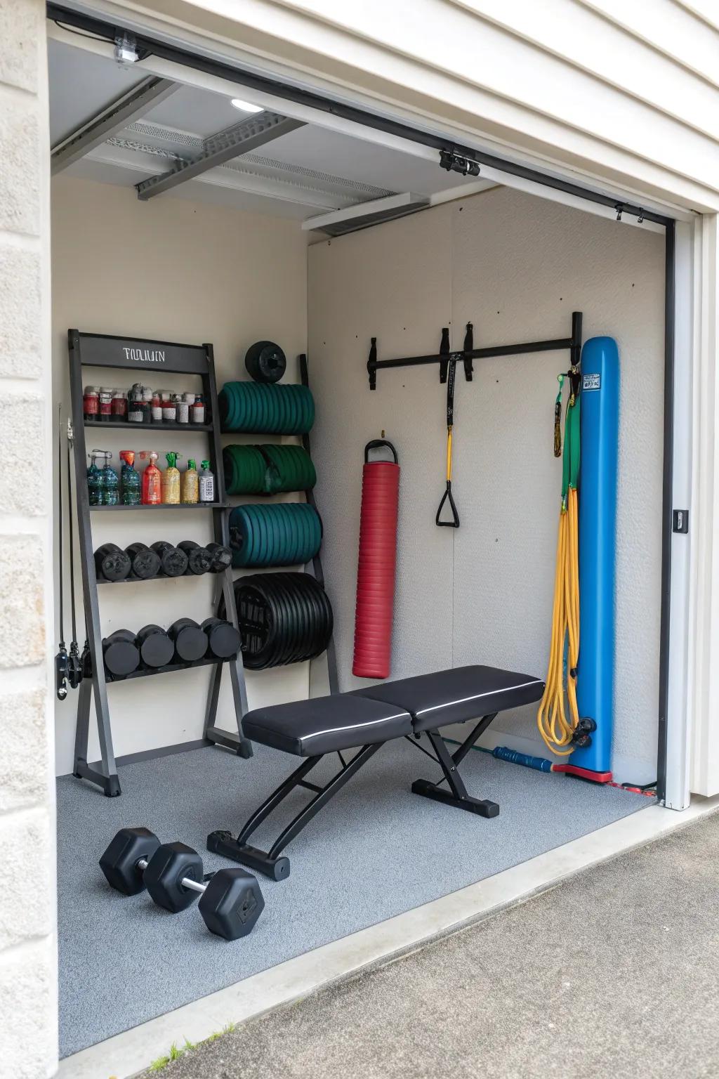 A foldable workout area adds flexibility to your garage's function.