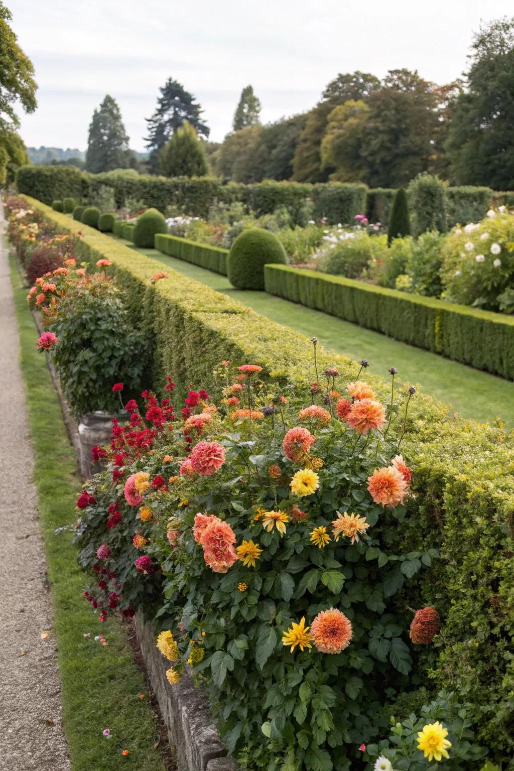 Seasonal blooms adding dynamic beauty to hedges.