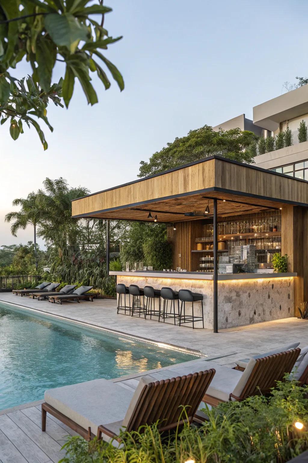 Eco-conscious materials ensure your pool bar is both sustainable and chic.