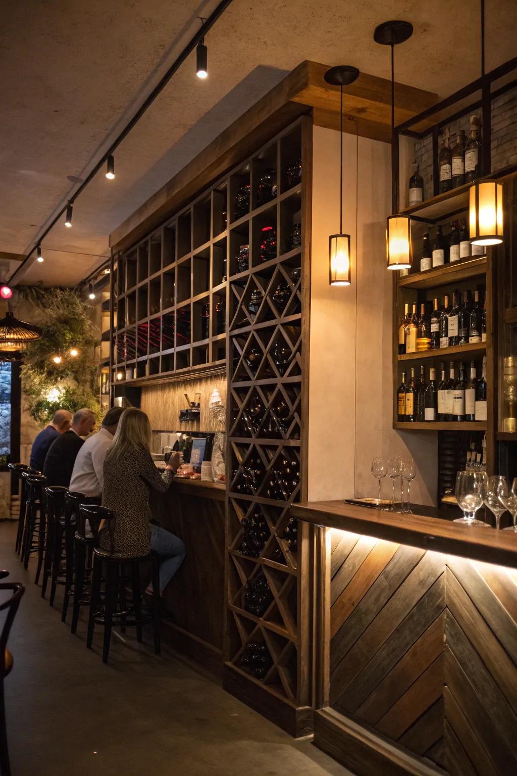 An integrated wine rack adds depth and functionality to a small restaurant bar.