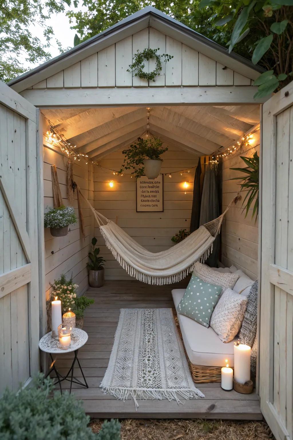 A peaceful relaxation zone within a small shed.