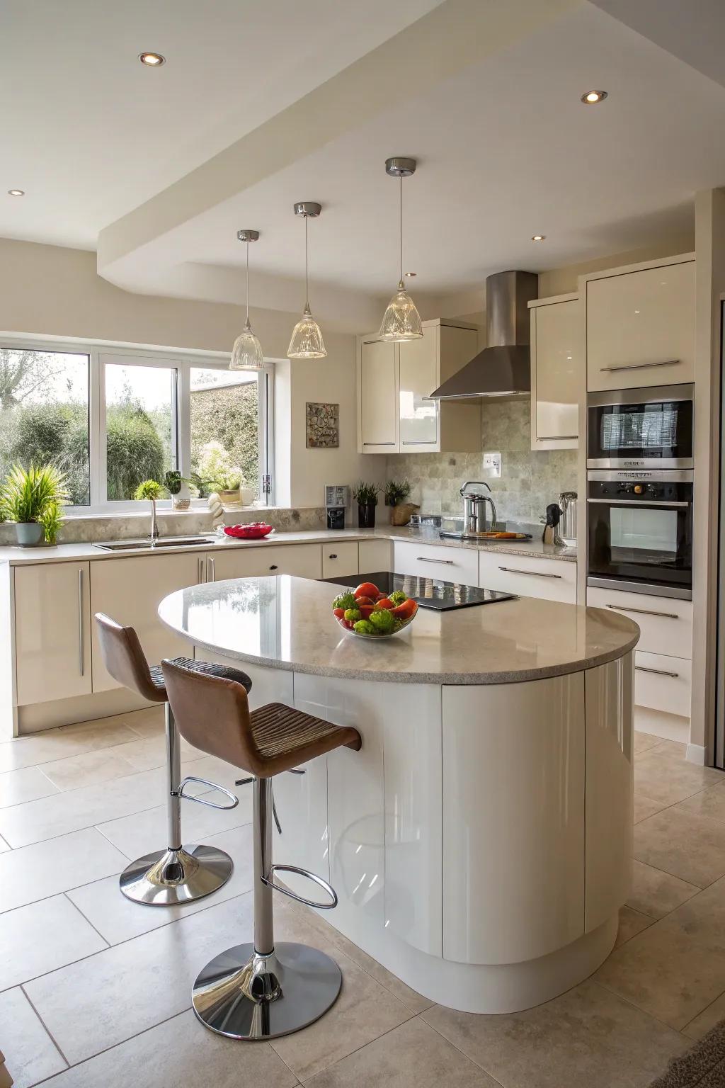 Curved islands enhance flow and openness in a small kitchen.