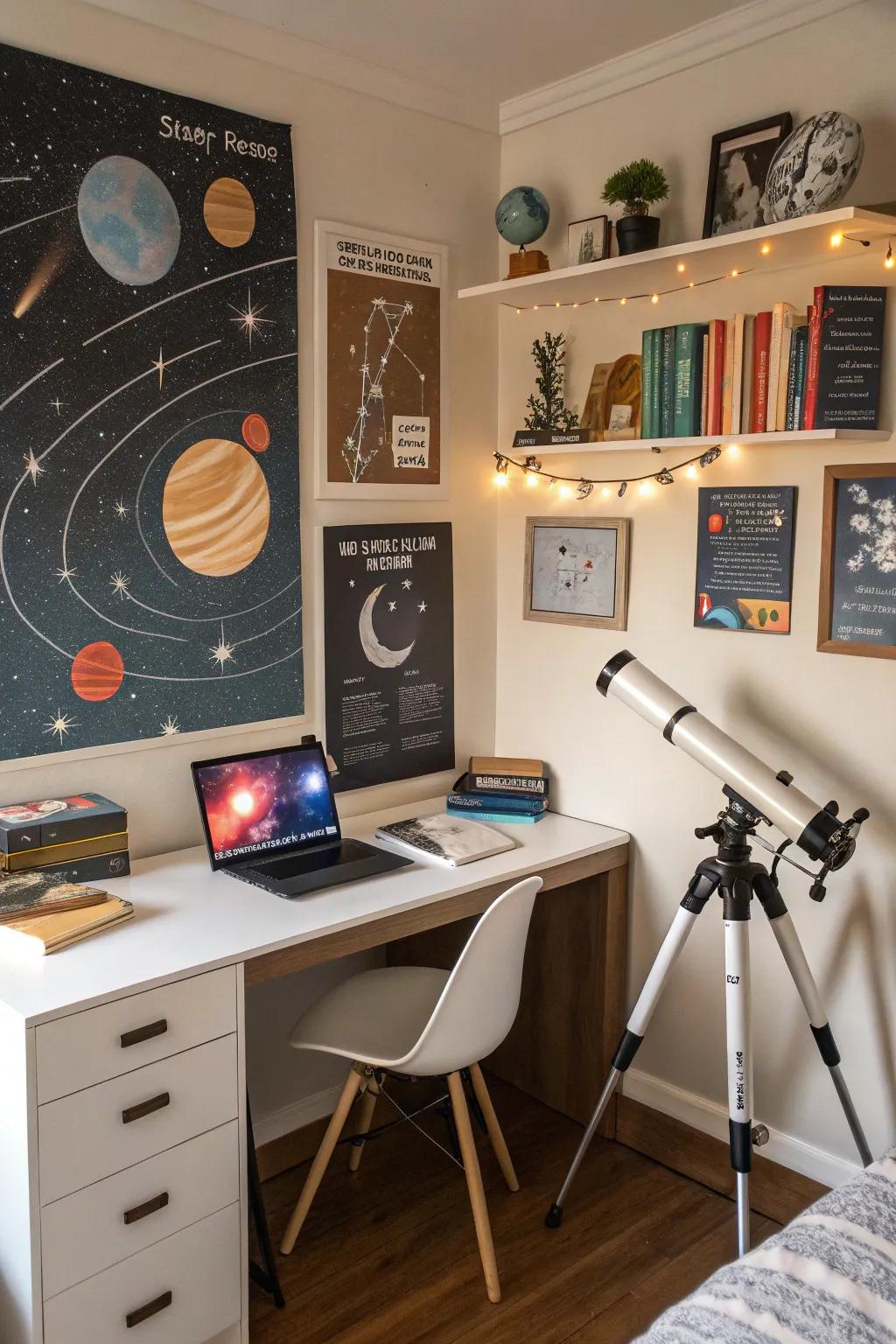 A space-themed study area inspires learning and creativity.