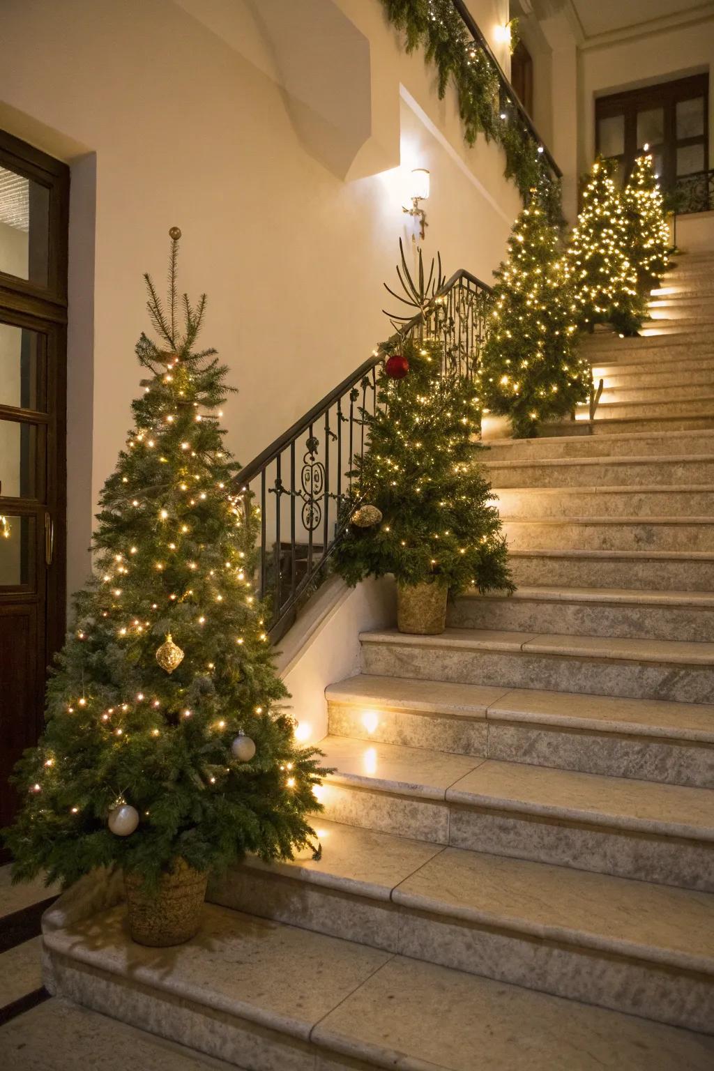 Mini Christmas trees create a welcoming entrance at the staircase base.