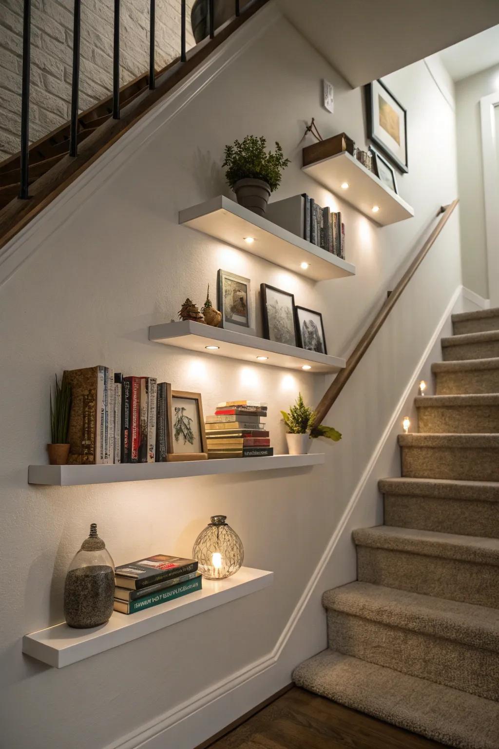 Floating shelves add functionality and style.