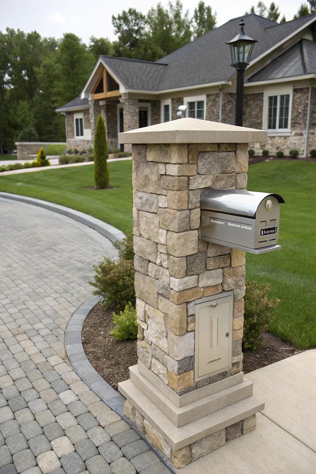 A contemporary stone mailbox pillar with stainless steel details.