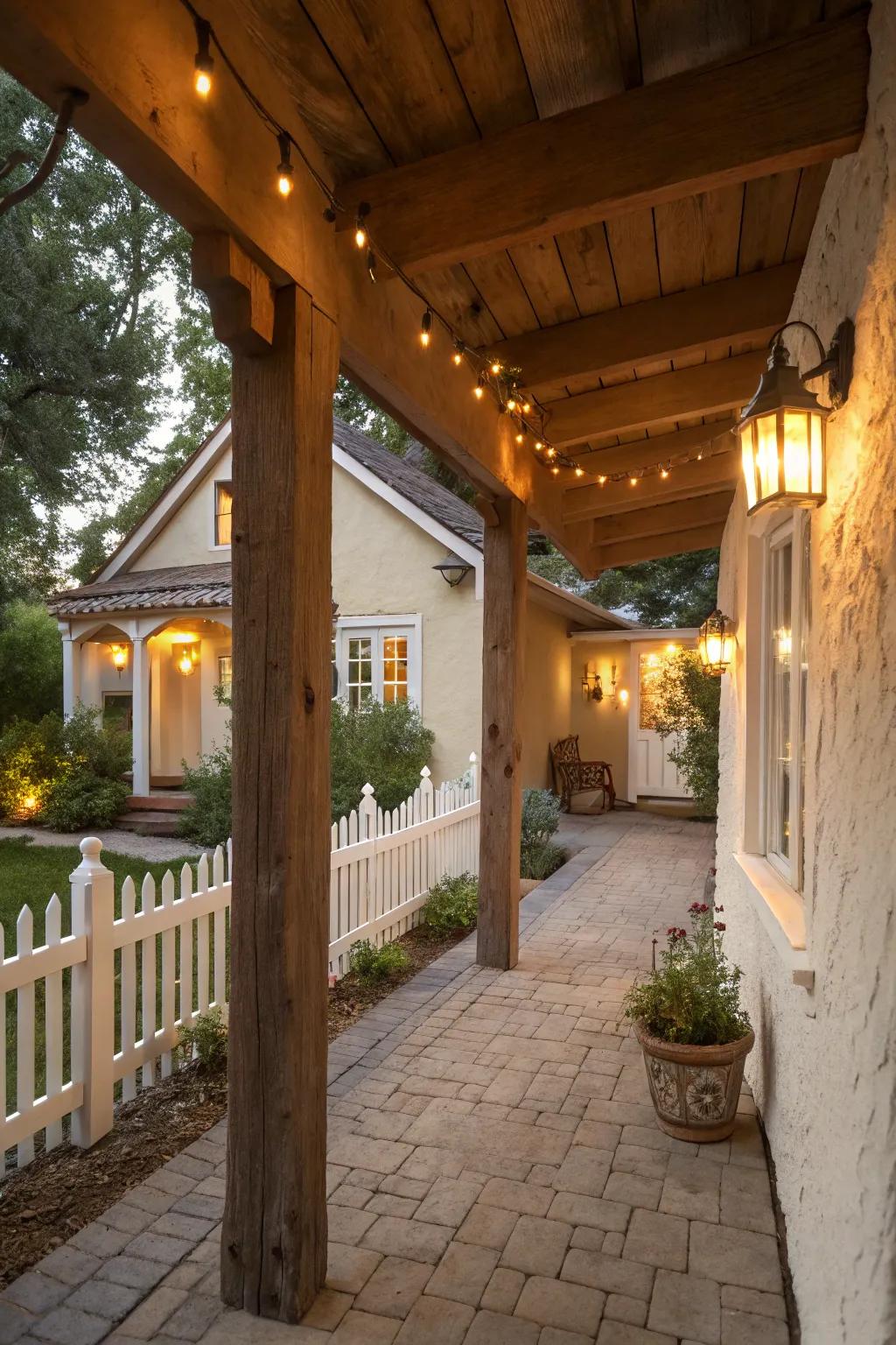 Rustic wooden beams add warmth to this stucco porch.