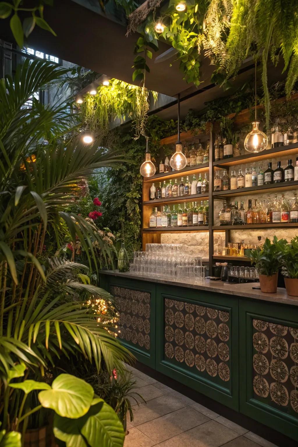 A botanical gin bar surrounded by greenery offers a fresh and vibrant atmosphere.