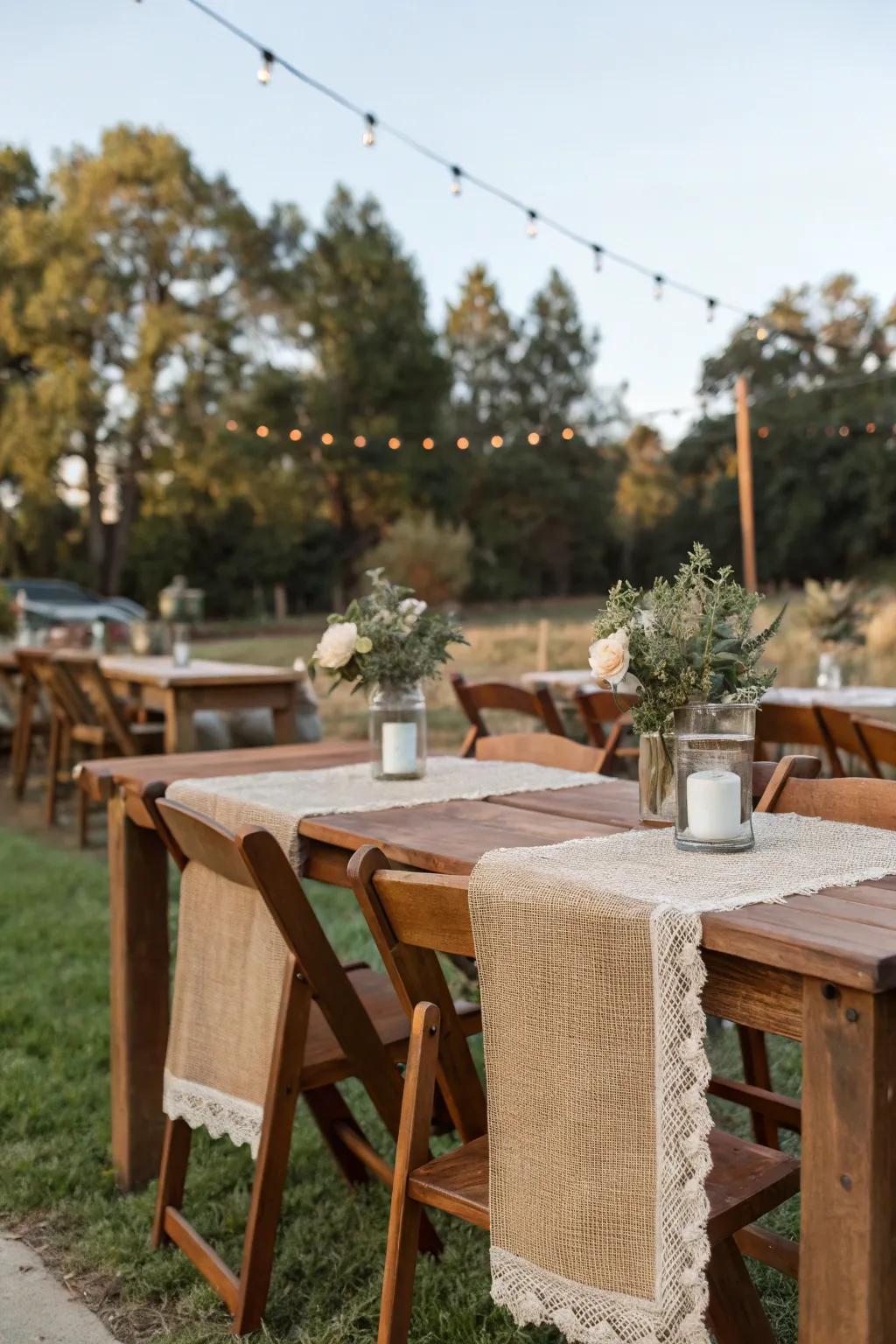 A rustic table setup with wooden tables and burlap runners.