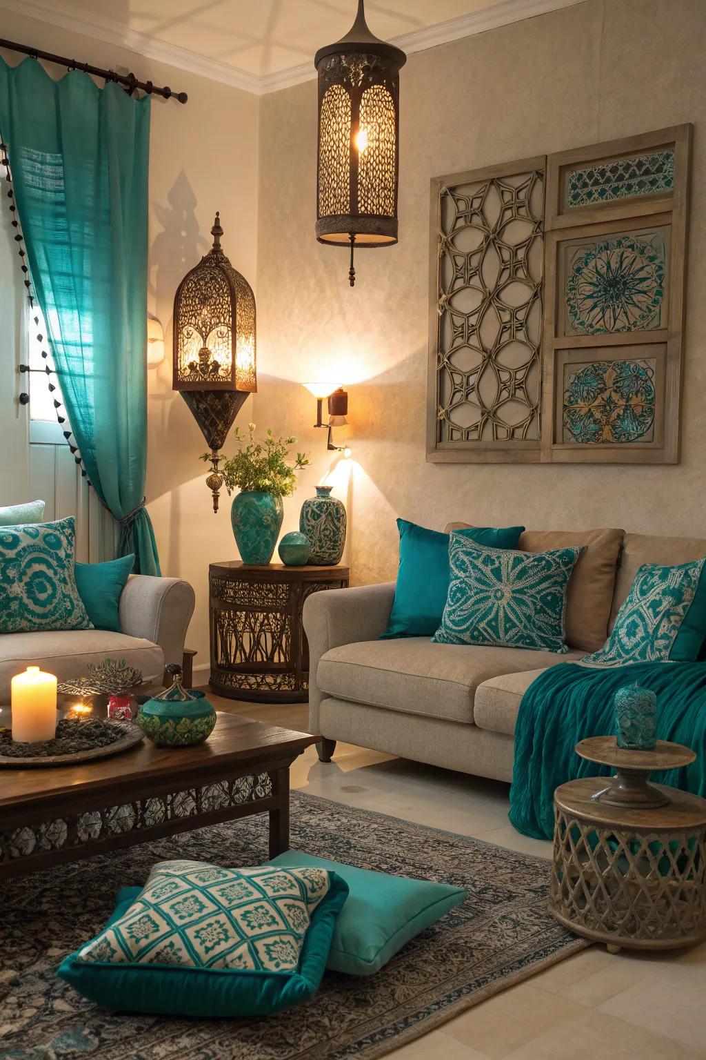 Layered lighting enhances the beauty of teal and turquoise tones.