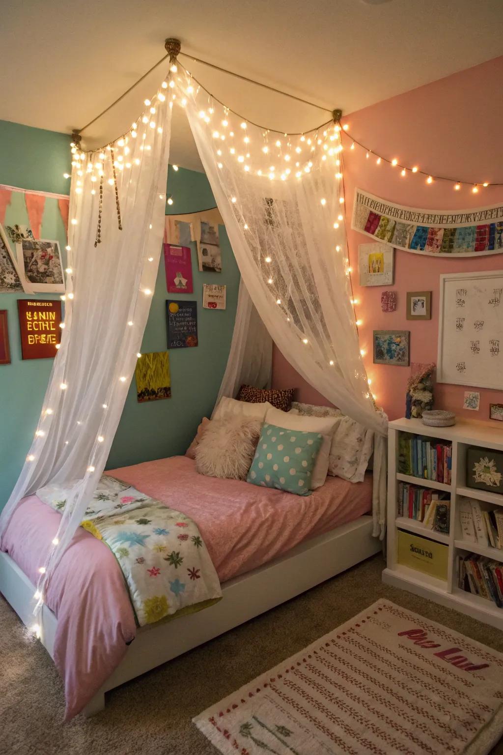 A whimsical bed canopy adds a touch of enchantment to a teen girl's room.