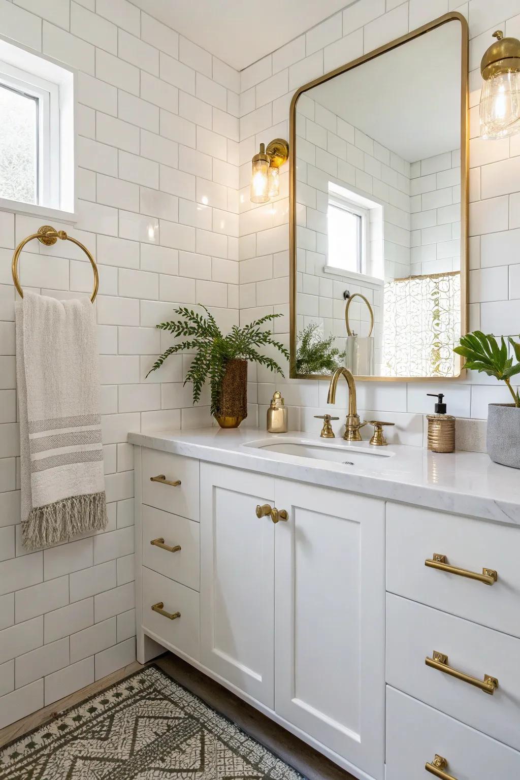 A white bathroom enhanced by the warmth and glamor of brass fixtures.