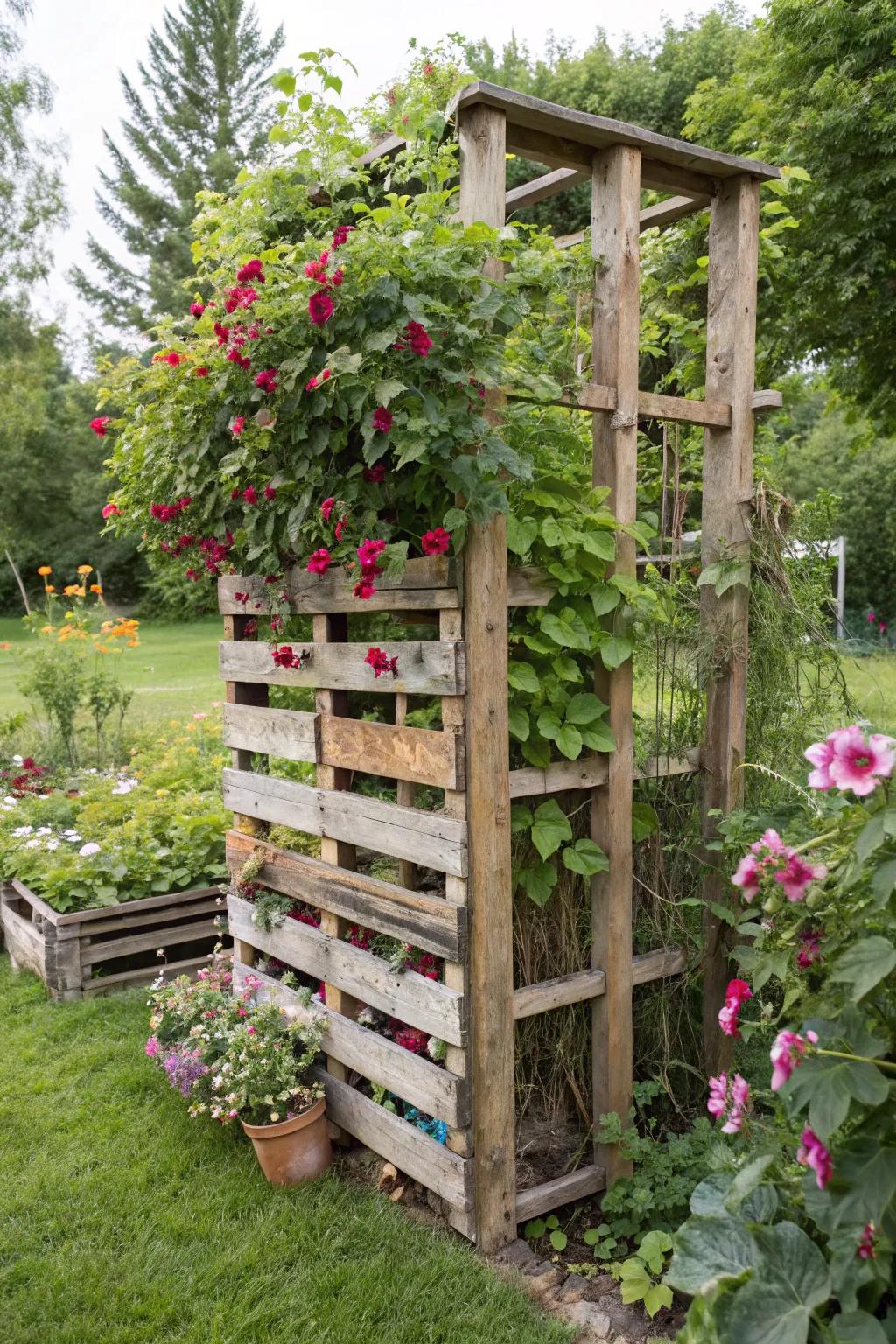 Turn old items into a charming recycled trellis.