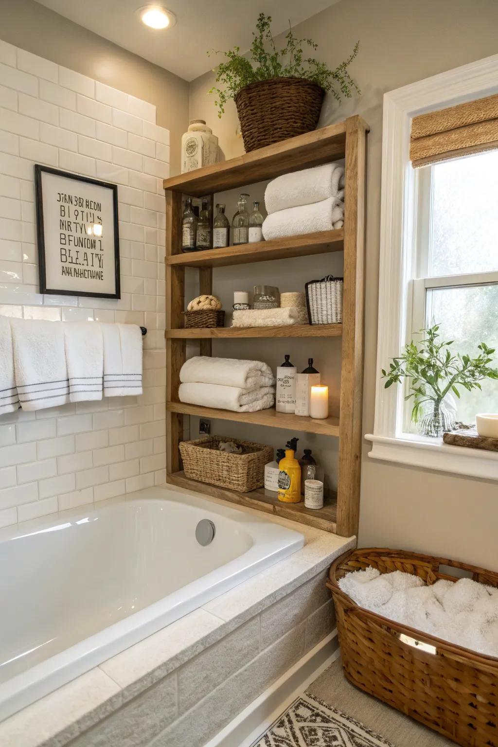 Integrated shelving keeps bathing essentials organized and accessible.