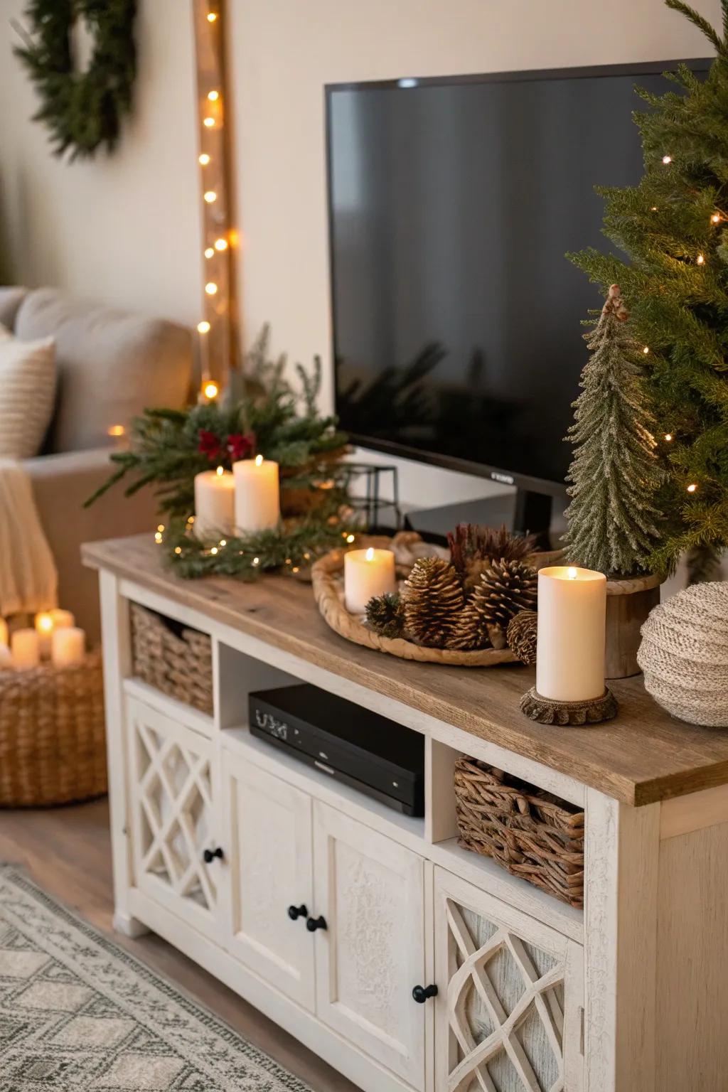 Seasonal decor on a TV console for a fresh look.