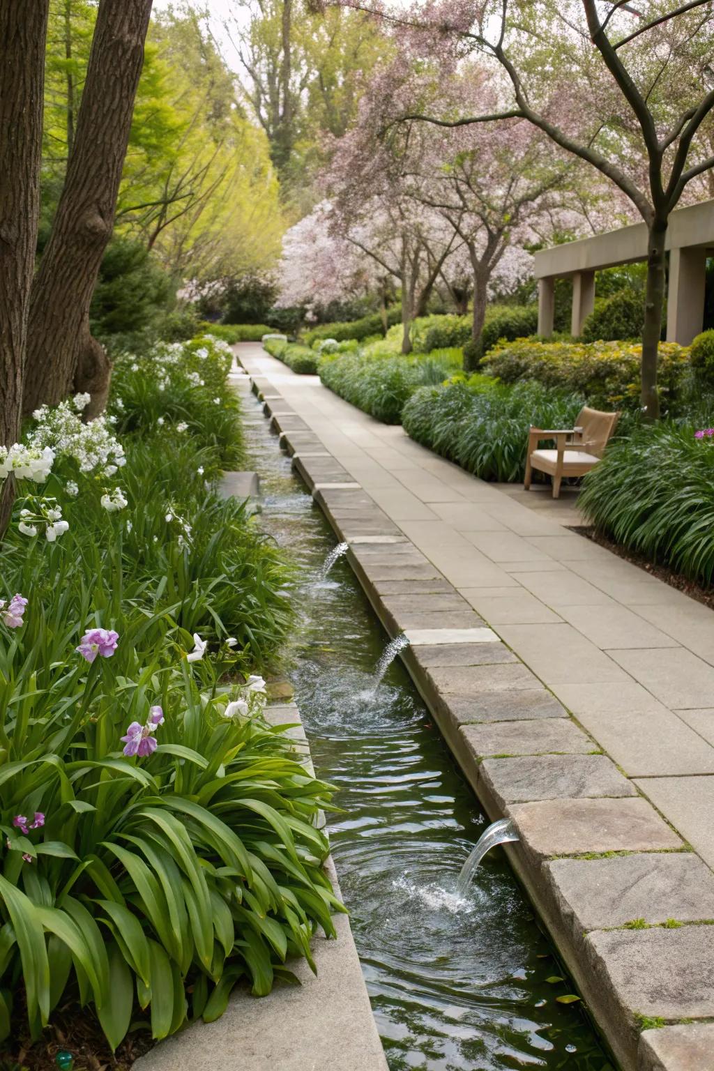 Walkway water pieces guide with soothing sounds.