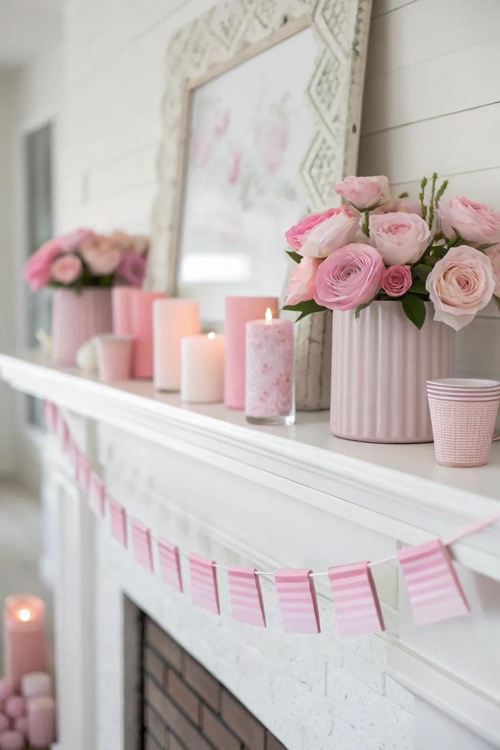 A sleek monochrome Valentine's mantel in shades of pink.