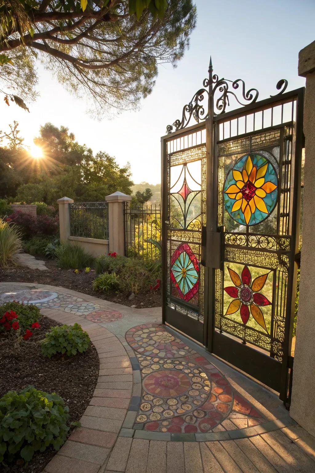 Stained glass panels adding a splash of color to the gate.