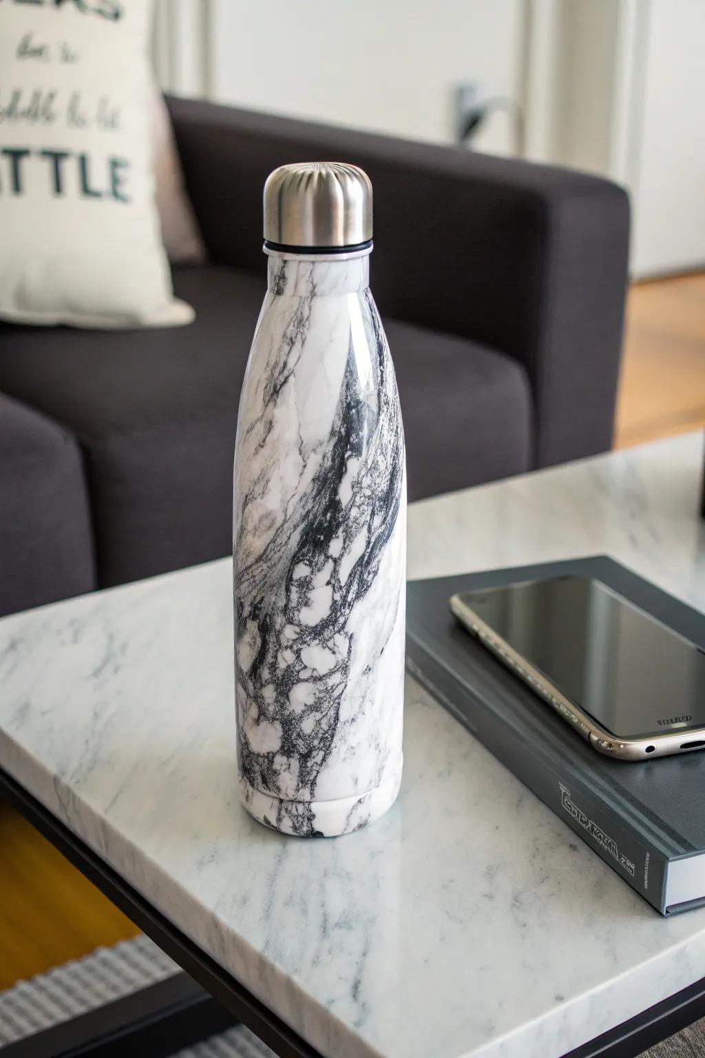 A chic water bottle with a marble effect design.