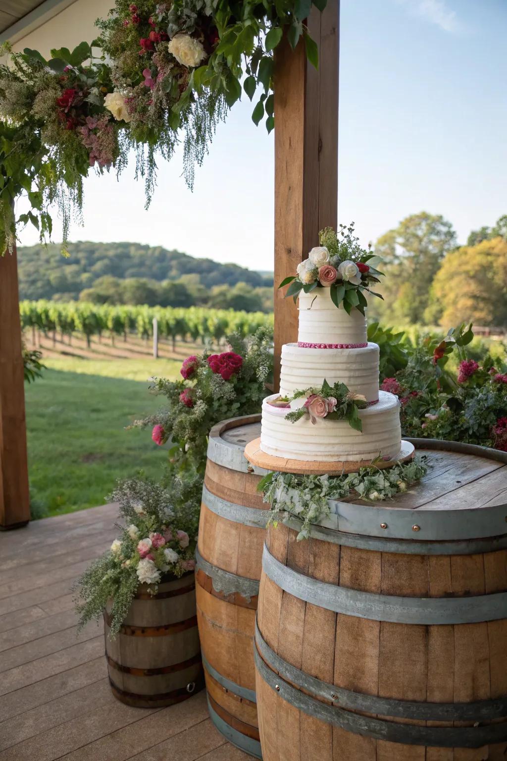 Wooden barrels adding a rustic charm to the wedding cake display.