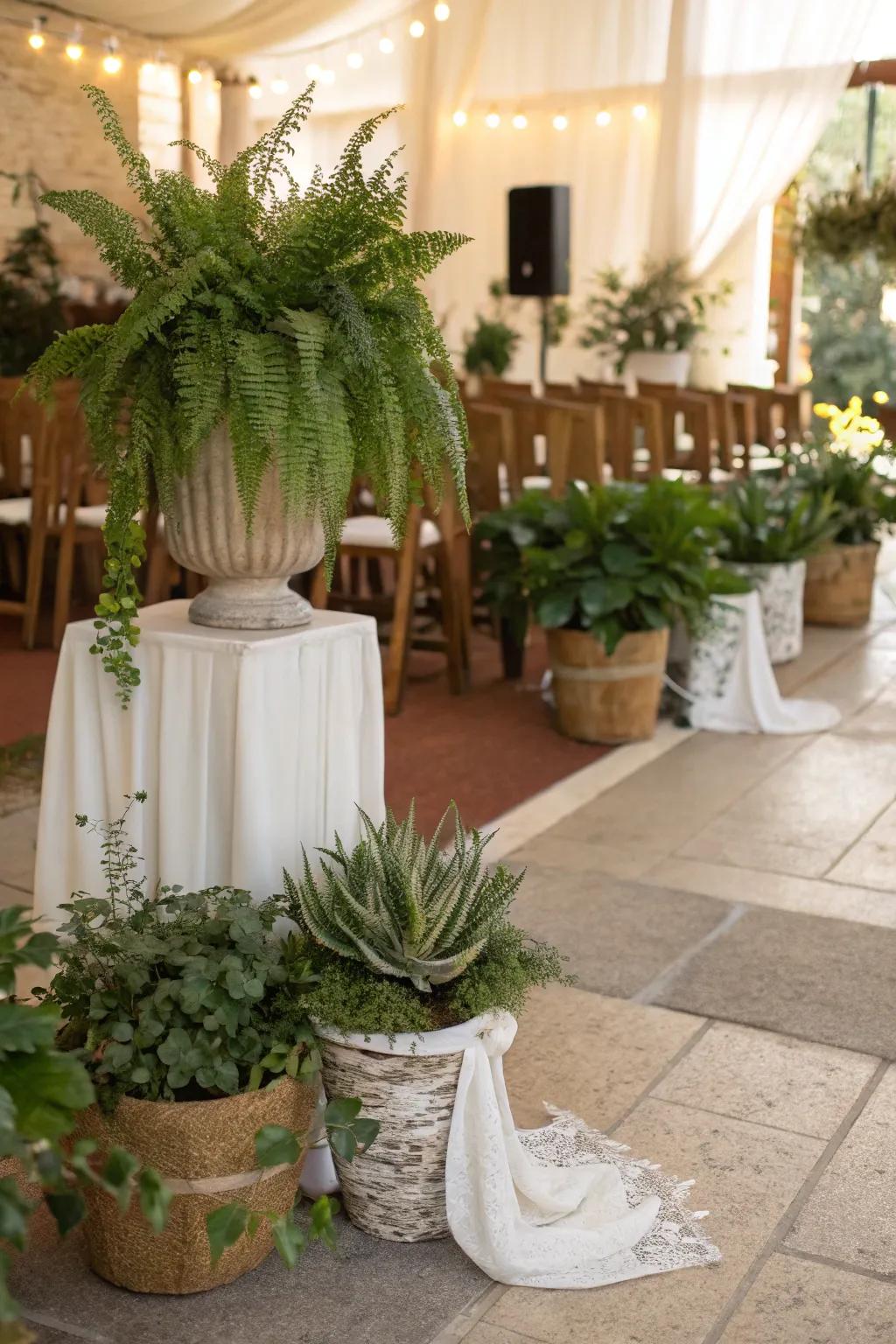 Wedding decor featuring potted plants and eco-friendly elements for sustainability.