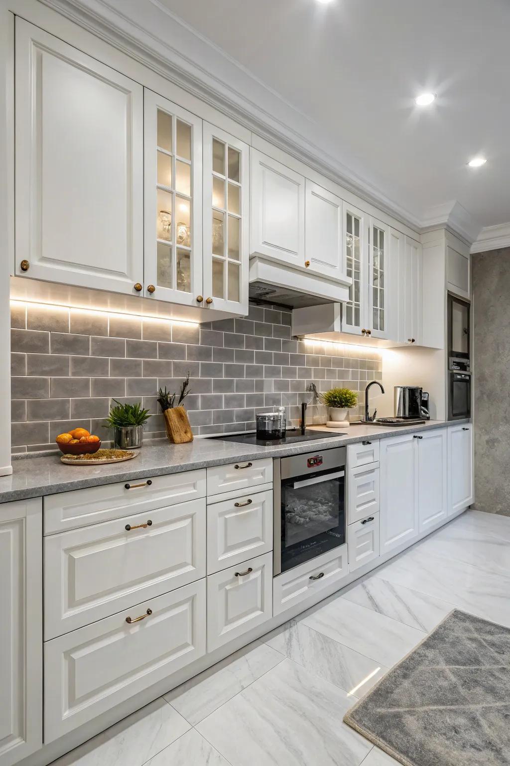 Grey tiles complementing white cabinets with a modern contrast.