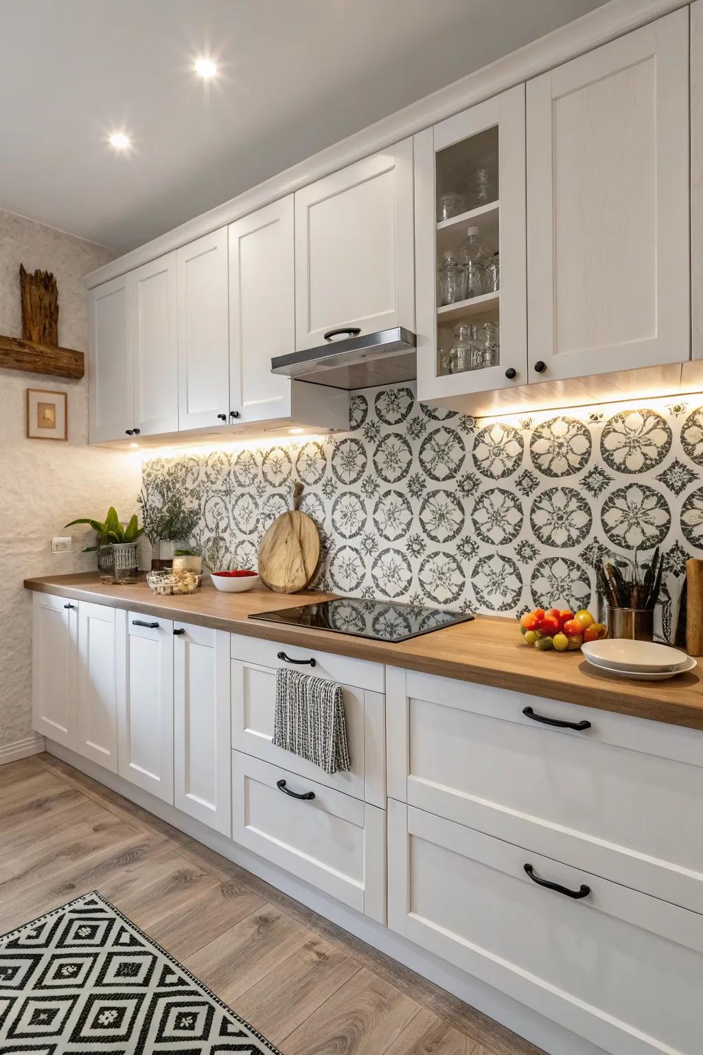 A geometric backsplash that adds a unique architectural touch to the kitchen.