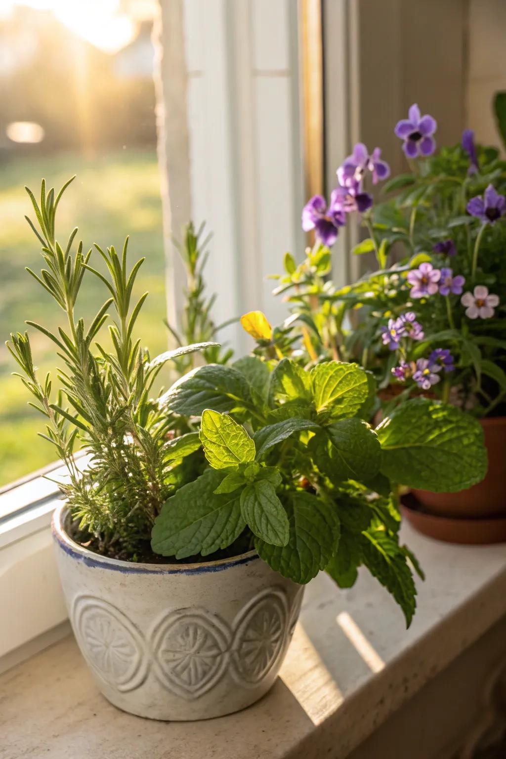 Wildflowers united with herbs fashion an aromatic display.