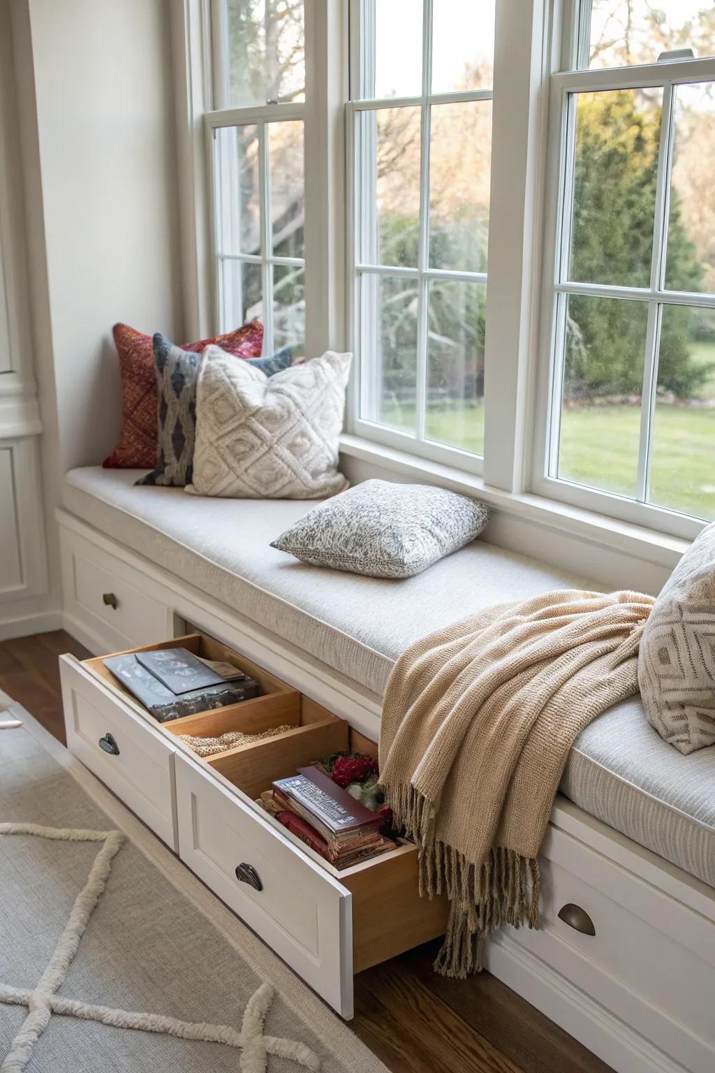 A window seat with hidden drawers to keep the space tidy.