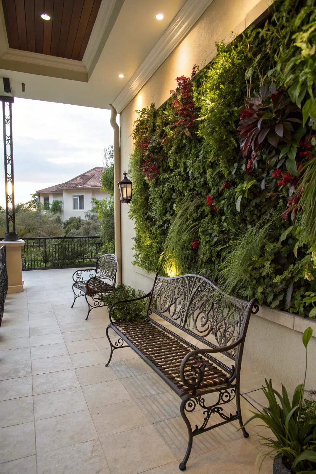 A vertical garden backdrop enriches the cast metal patio experience.