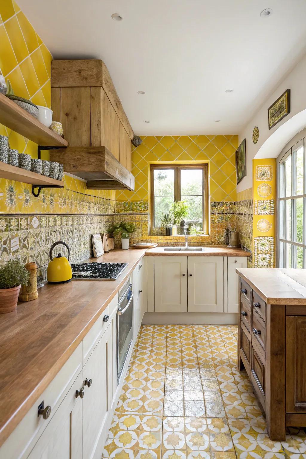 An eclectic mix of yellow tiles creates a standout backsplash.