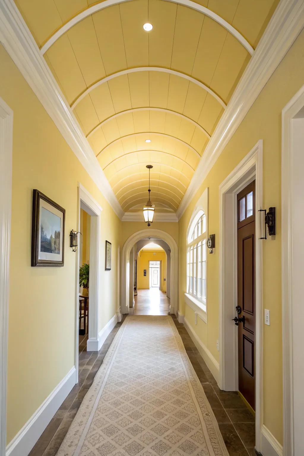 A hallway with a sunny yellow ceiling.