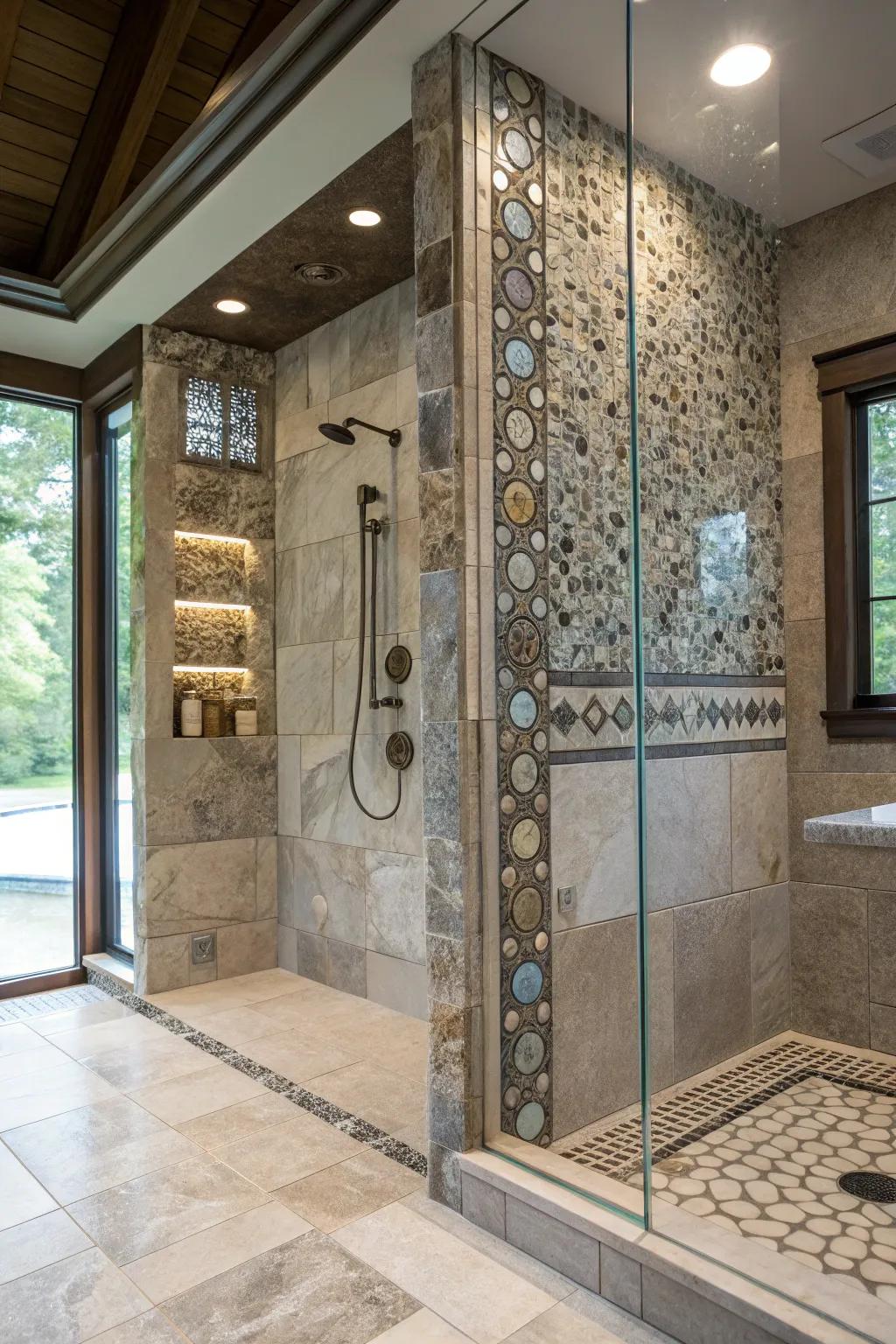 Mixing materials adds a luxurious and eclectic flair to your shower.