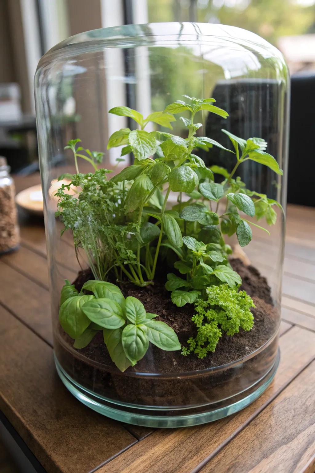 A practical herb garden terrarium with fresh herbs.