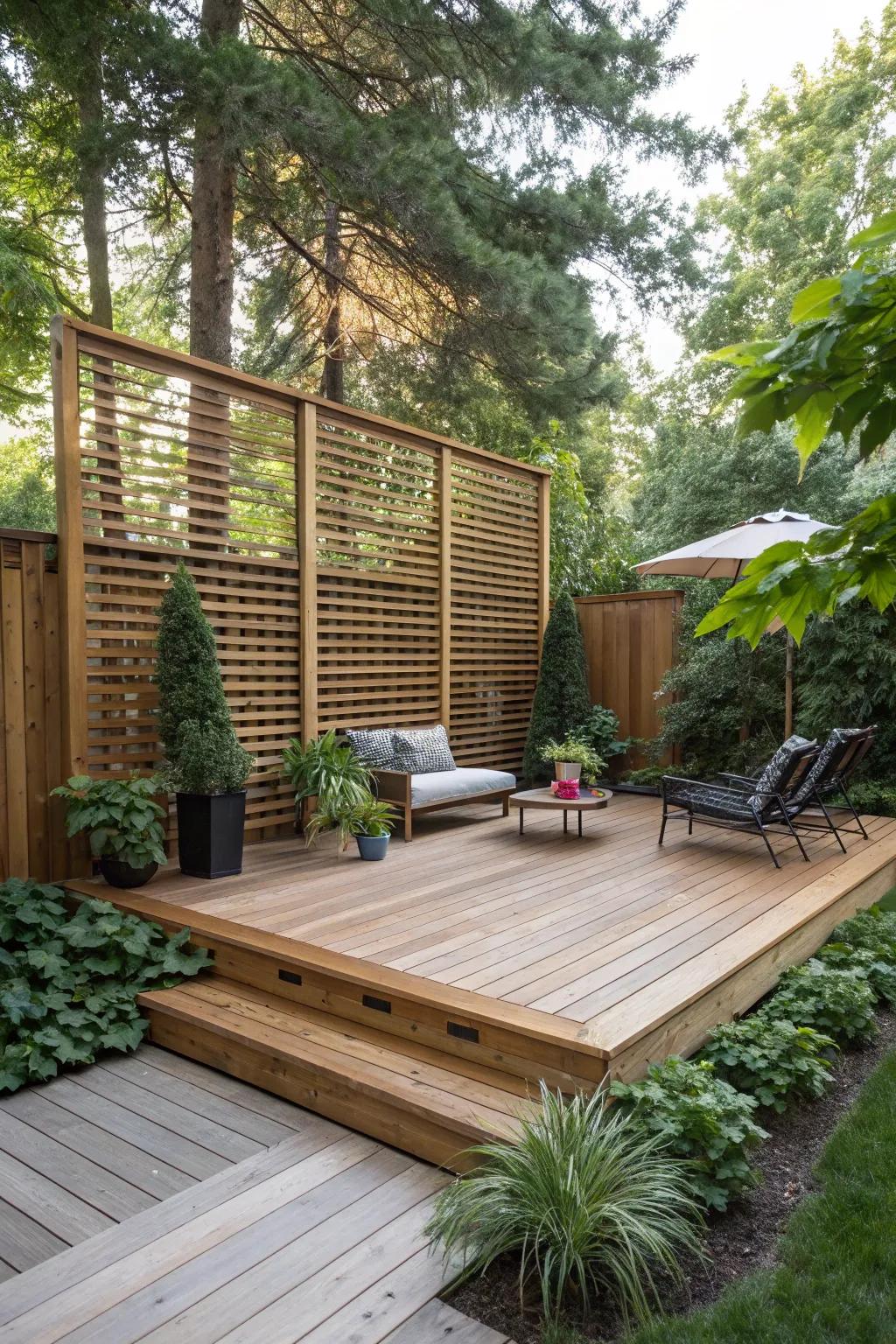 A deck boasting a seclusion panel for a tranquil sensation.