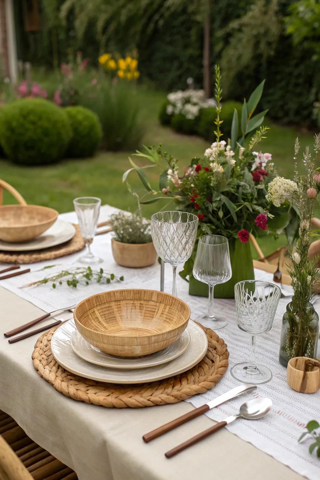 Eco-friendly dishware enhances a sustainable garden party.