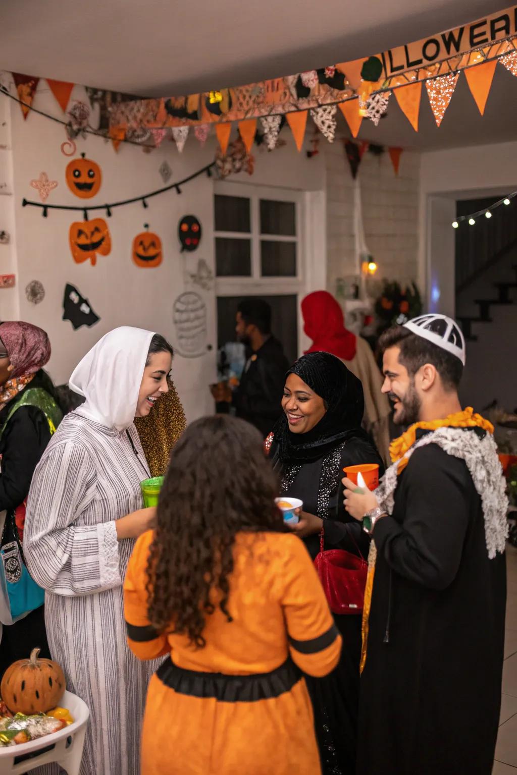 A cultural exchange setup for a diverse Halloween celebration.