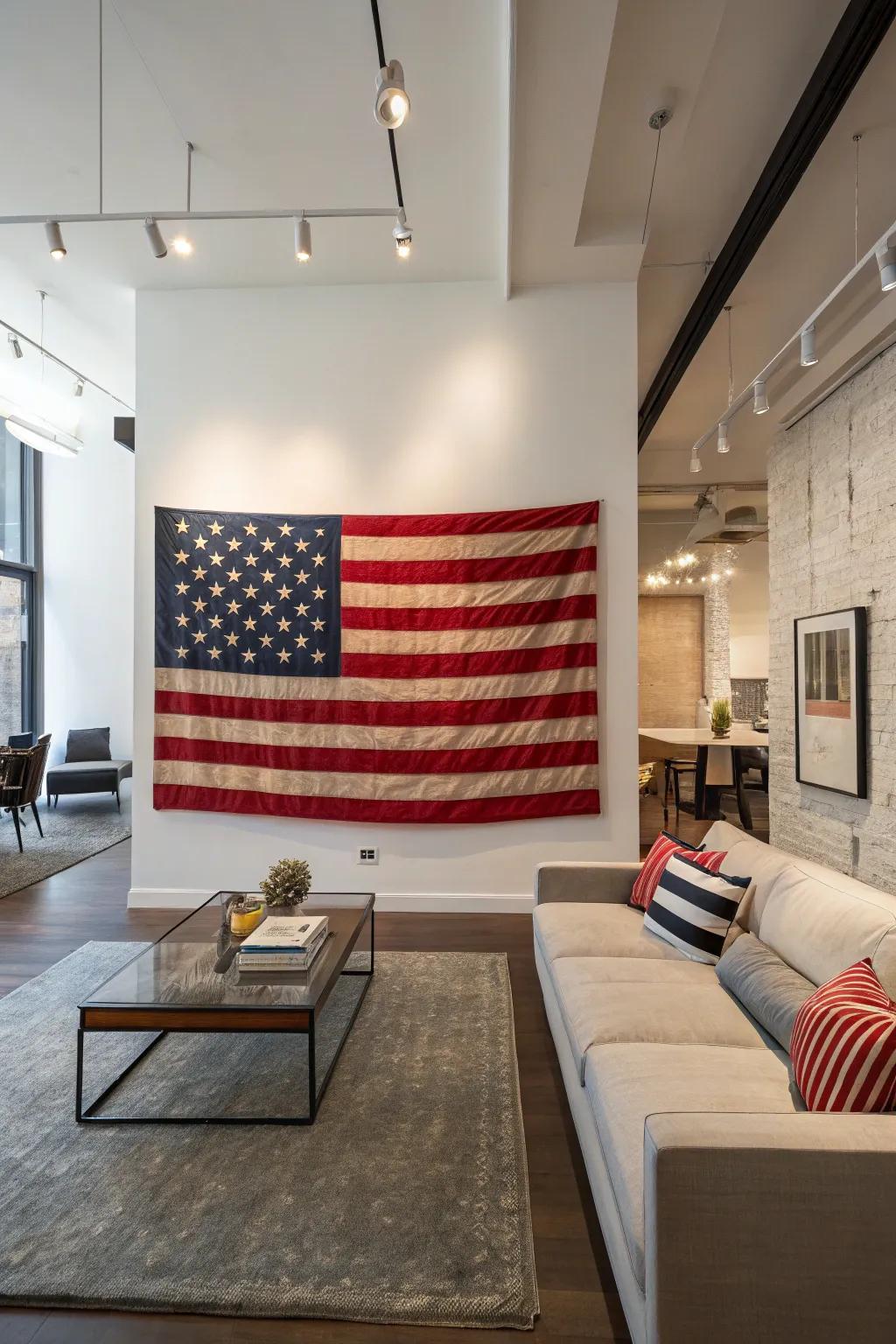 Unique flag art adds a creative flair to this modern space.