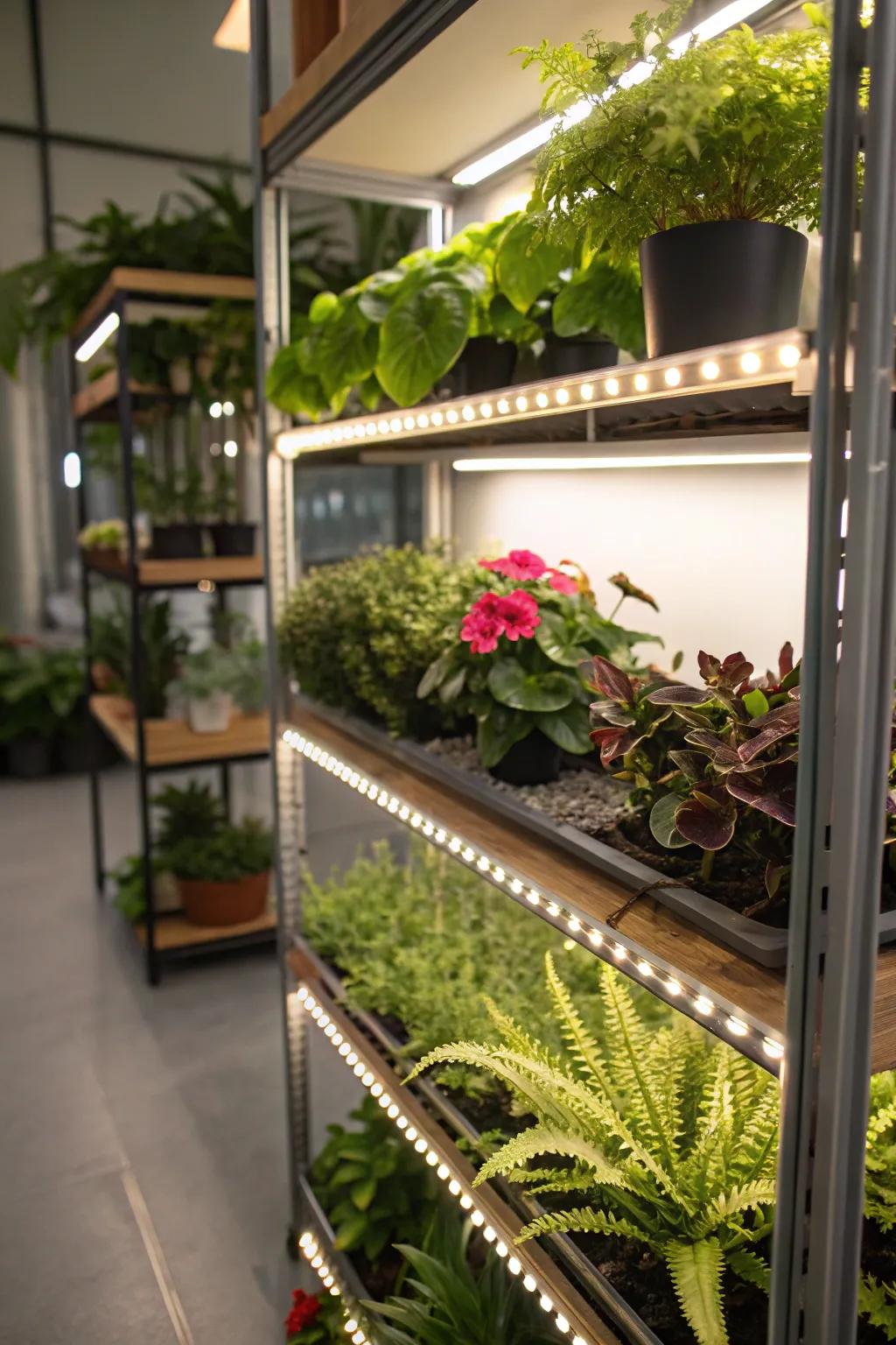 LED strip lighting highlighting plant shelves with an ambient glow.