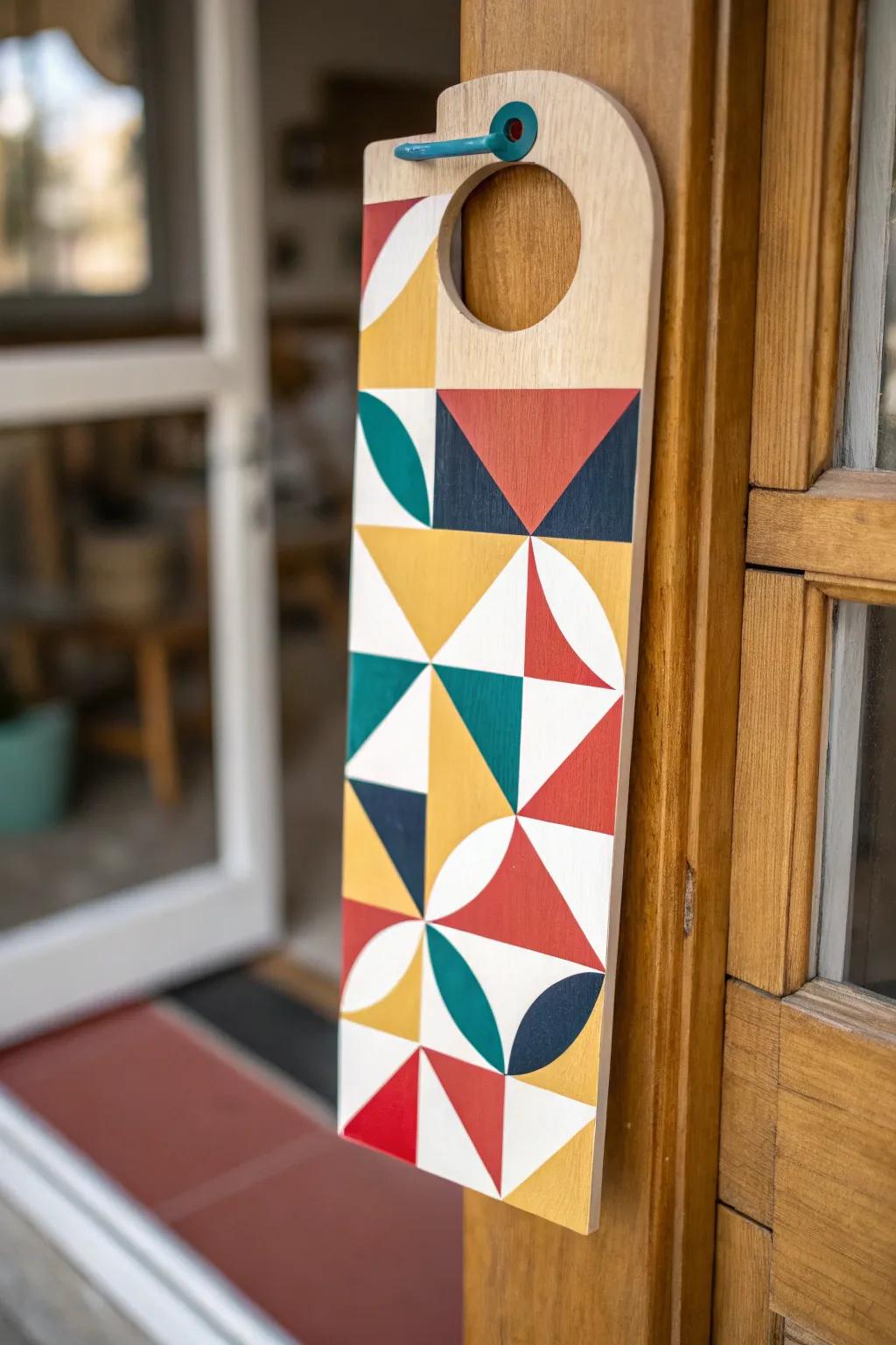 A striking geometric-themed door hanger with a modern design.