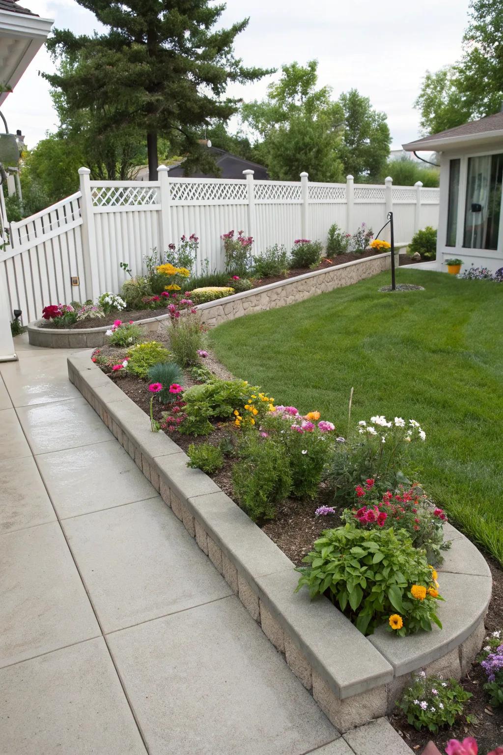 Cement frames help keep gardens neat.