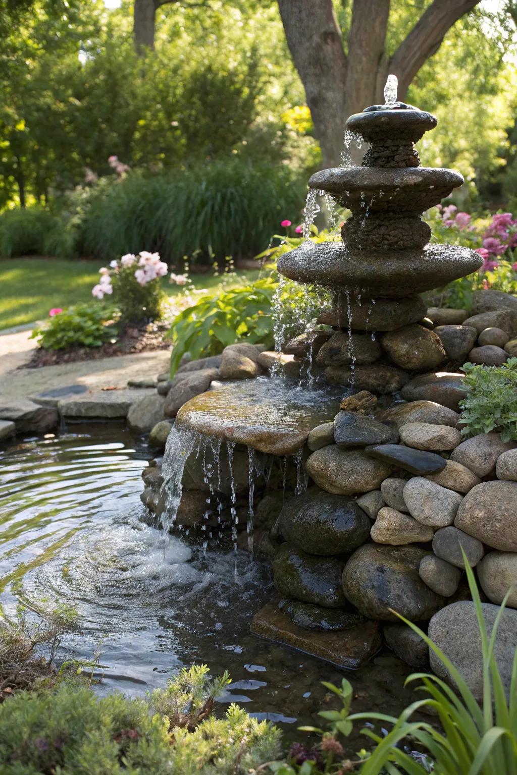 A pebble cascade fountain brings earthy textures and soothing sounds together.