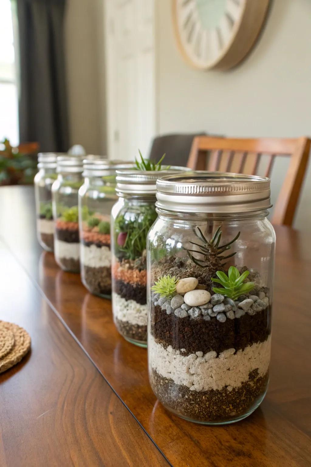 Alluring plant enclosures crafted from preserving jars add natural beauty.