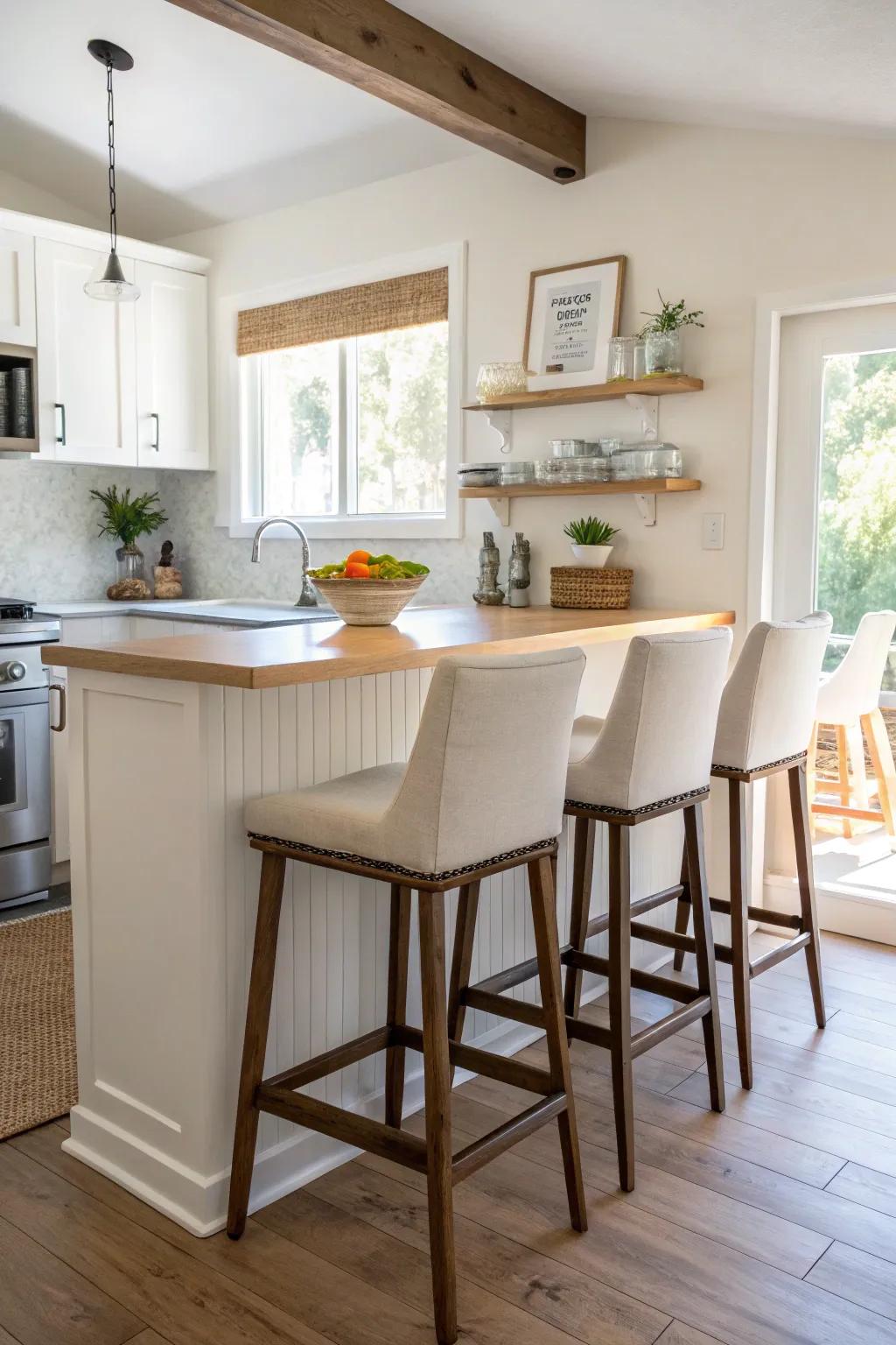 Low back bar stools keeping the kitchen open.