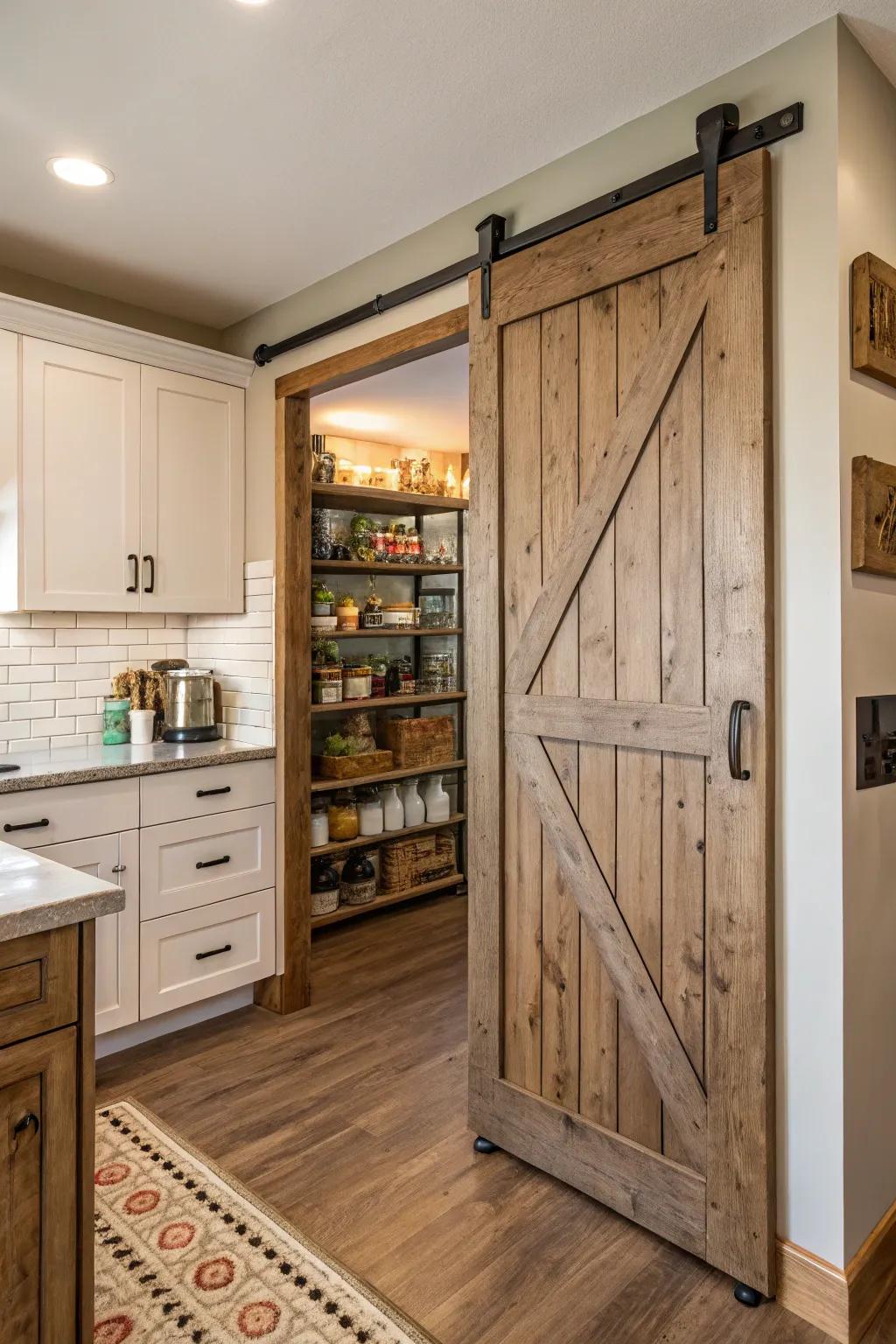 A kitchen with a sliding barn door pantry featuring shiplap texture.