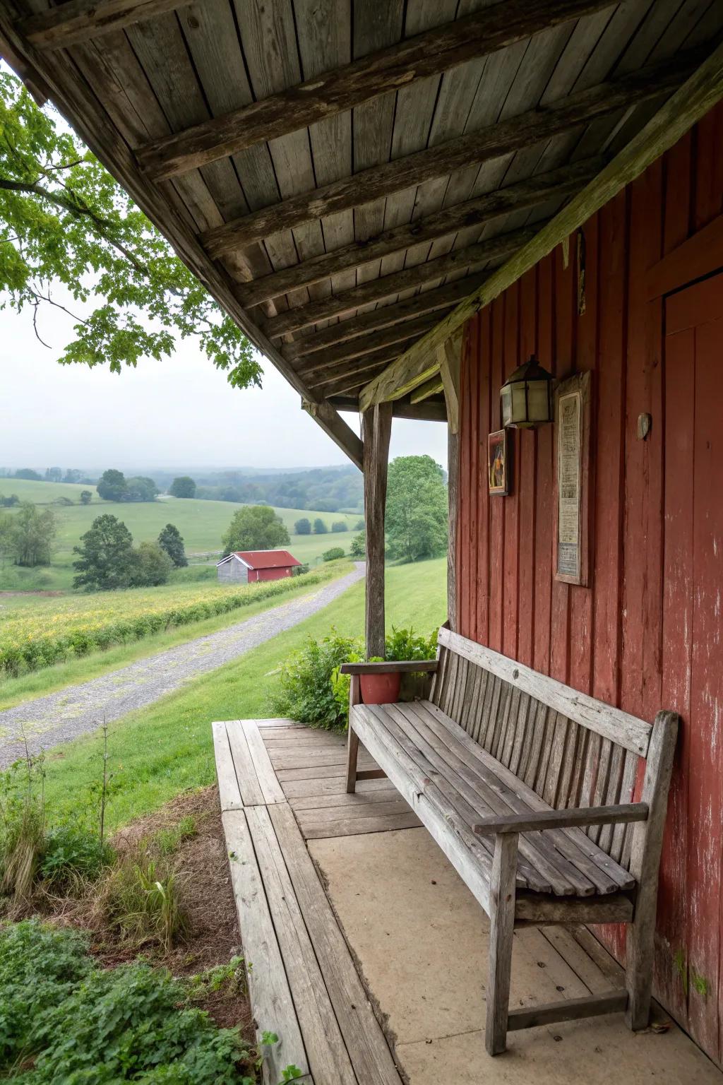 A cozy bench under the overhang for peaceful moments.