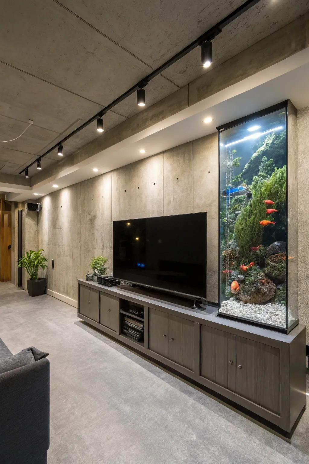 A basement TV wall complemented by an adjacent aquarium for a unique and calming effect.