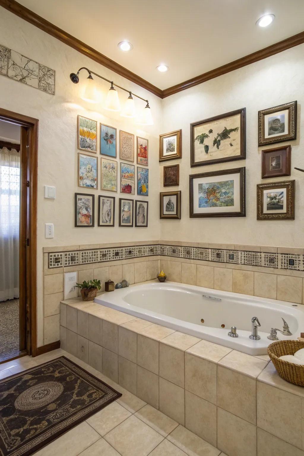 Art pieces transform this bathroom into a gallery-like space.