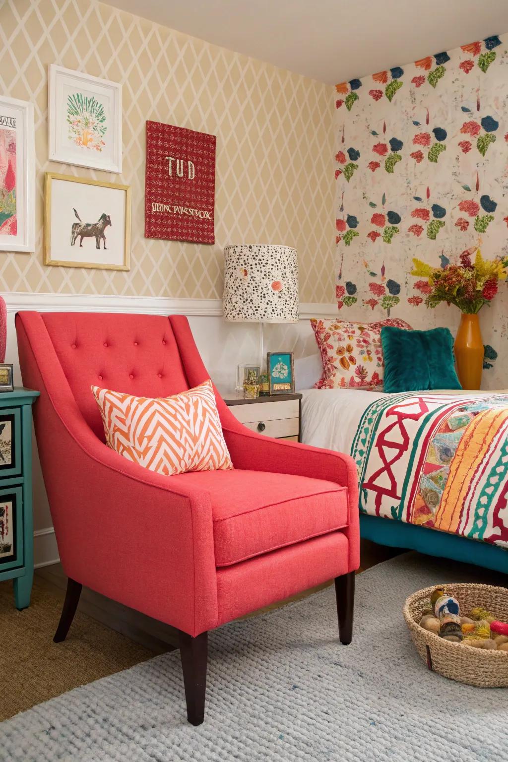 Accent chairs bring bold colors and unique patterns to life.